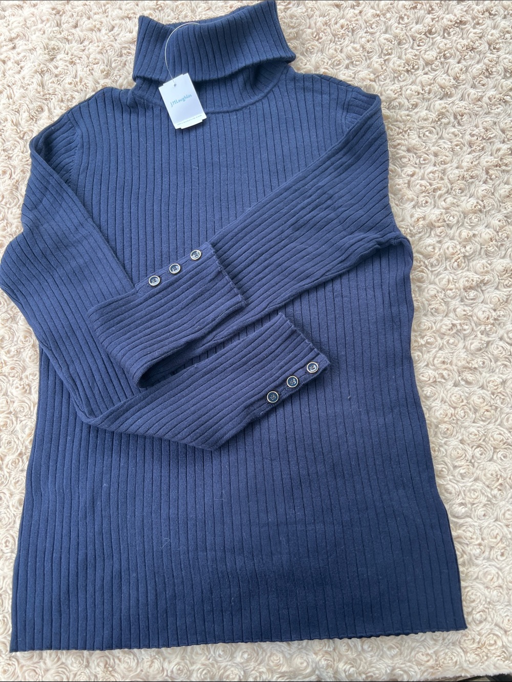 J. McLaughlin Navy Ribbed Turtleneck Sweater with Button Cuffs